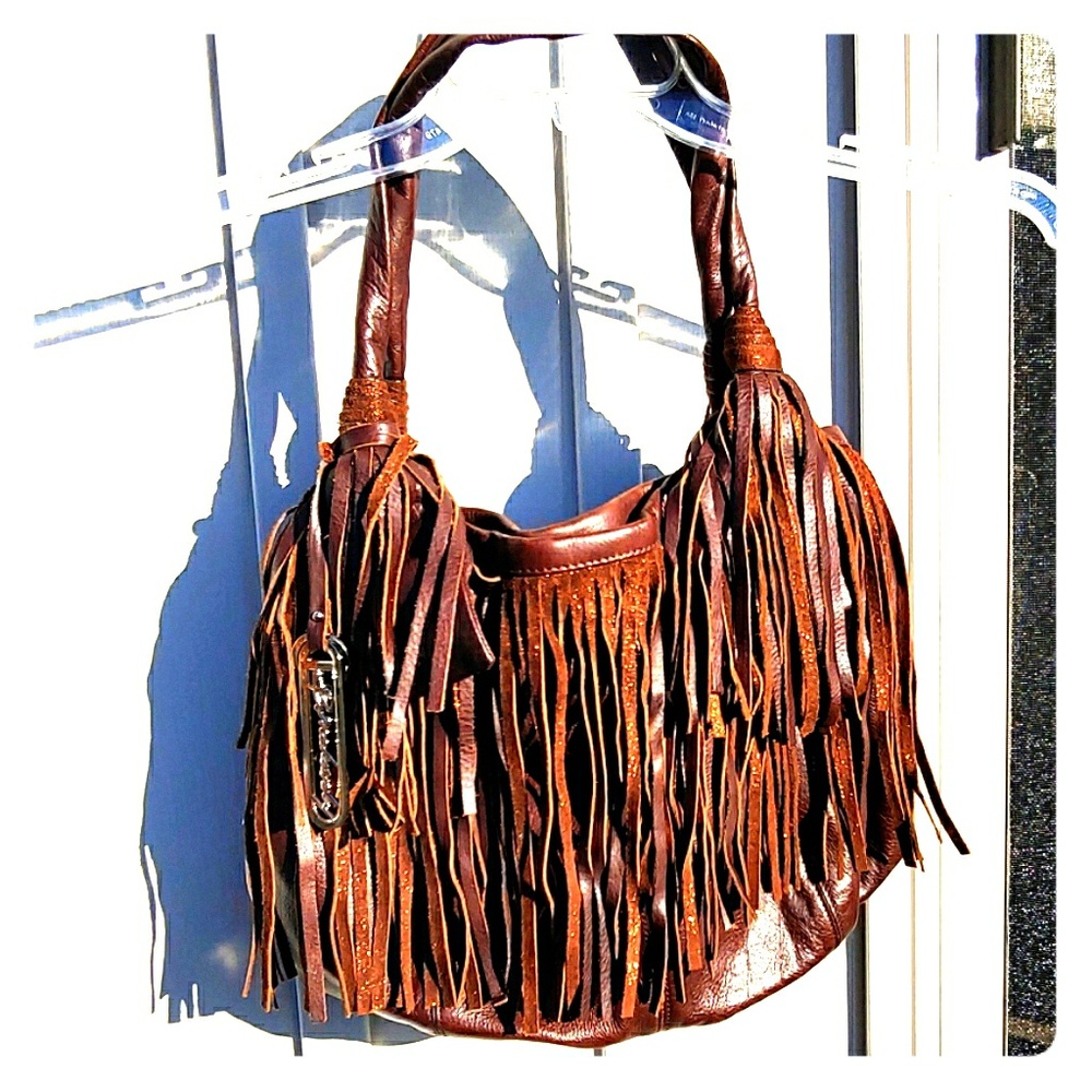 B Makowsky Brown Pebbled Leather Fringe Bag